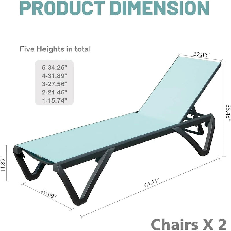 Chaise longue d'extérieur, 2 pièces, chaise longue de patio en aluminium et plastique avec dossier réglable sur 5 positions et roulettes