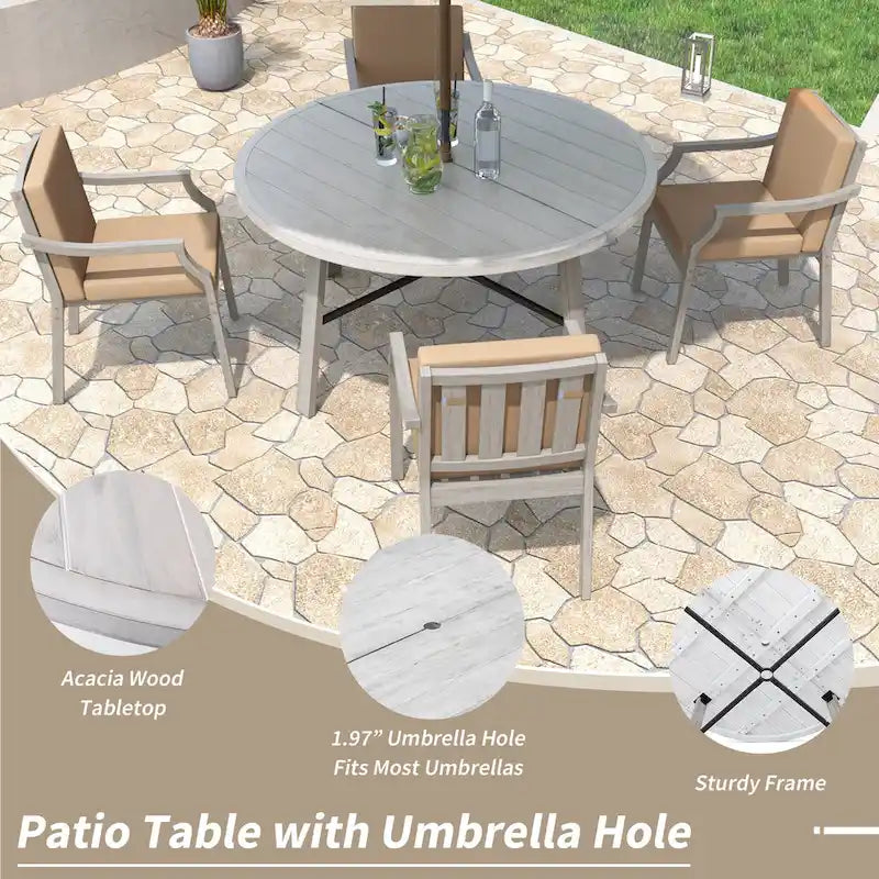 Ensemble de salle à manger d'extérieur en bois pour 4 personnes avec 1 trou pour parasol et coussins amovibles