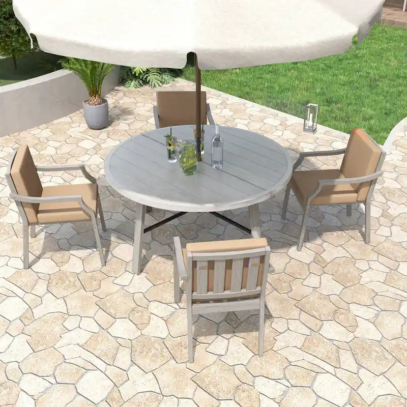 Ensemble de salle à manger d'extérieur en bois pour 4 personnes avec 1 trou pour parasol et coussins amovibles