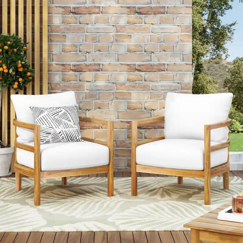 Ensemble de 2 fauteuils de jardin en bois d'acacia, mobilier de terrasse en bois, coussin épais imperméable, assise profonde