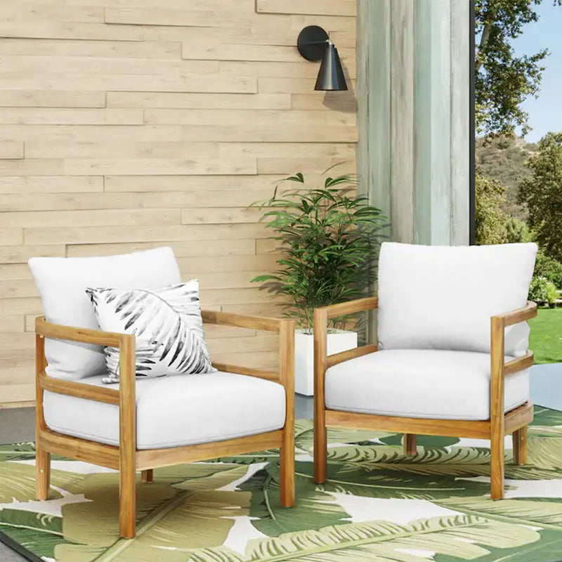 Ensemble de 2 fauteuils de jardin en bois d'acacia, mobilier de terrasse en bois, coussin épais imperméable, assise profonde