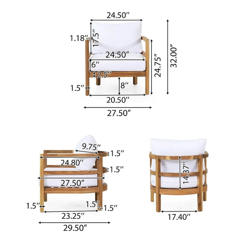 Ensemble de 2 fauteuils de jardin en bois d'acacia, mobilier de terrasse en bois, coussin épais imperméable, assise profonde