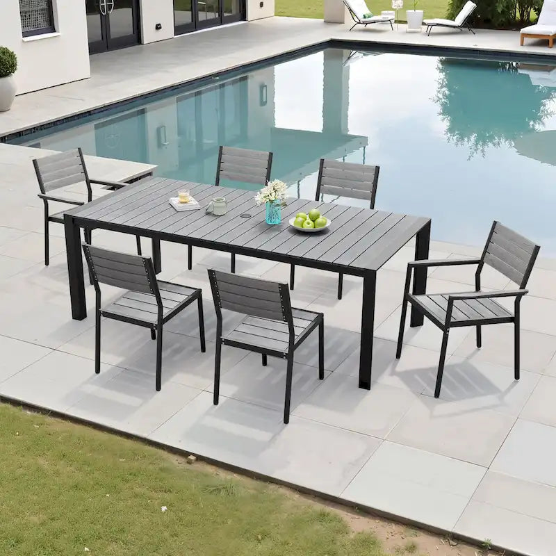 7-Piece Patio Dining Set Aluminum Dining Table with Umbrella Hole and Stackable Chairs