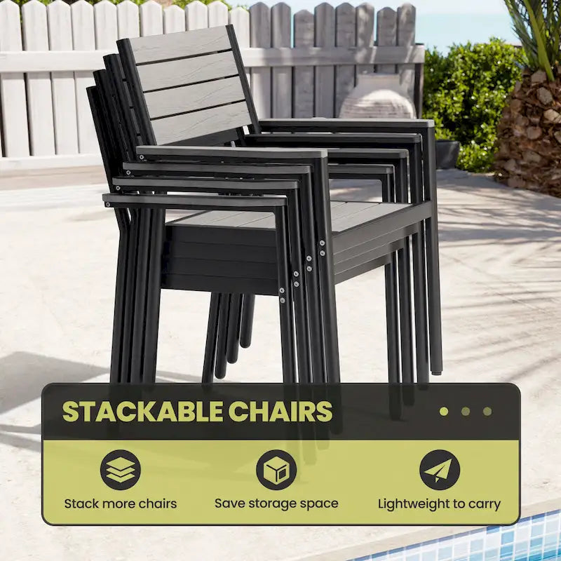 Ensemble de salle à manger de patio 7 pièces comprenant une table en aluminium avec trou pour parasol et des chaises empilables