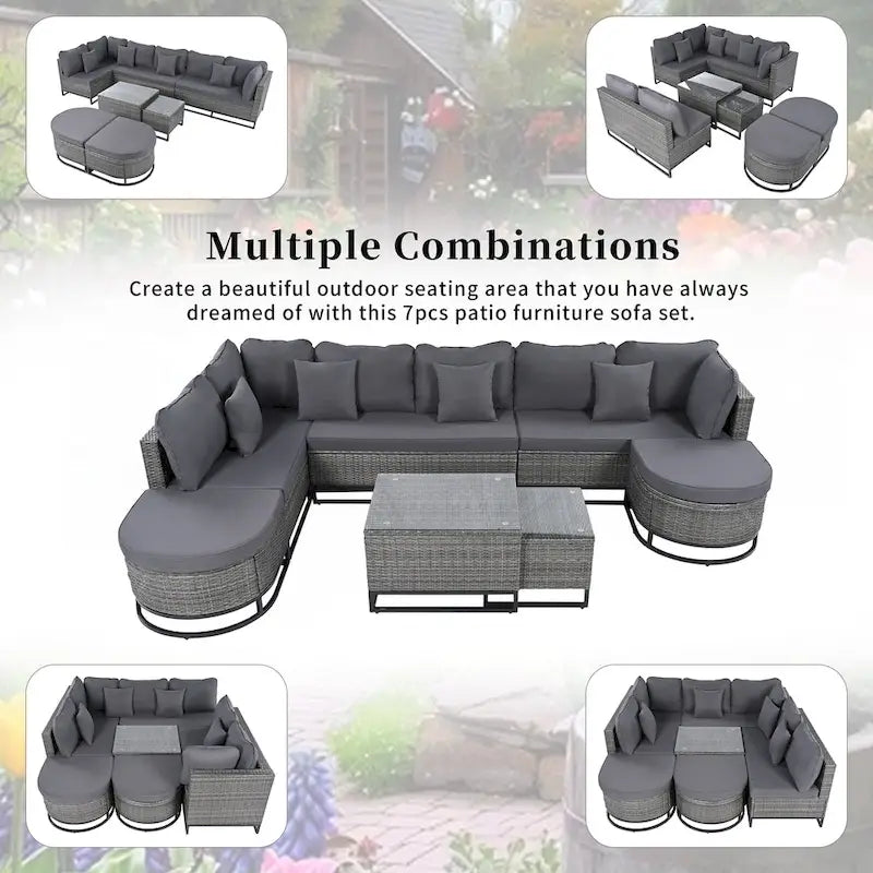 Ensemble de canapé d'extérieur en osier de grande taille, 7 pièces