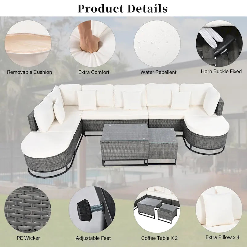 Ensemble de canapé d'extérieur en osier de grande taille, 7 pièces