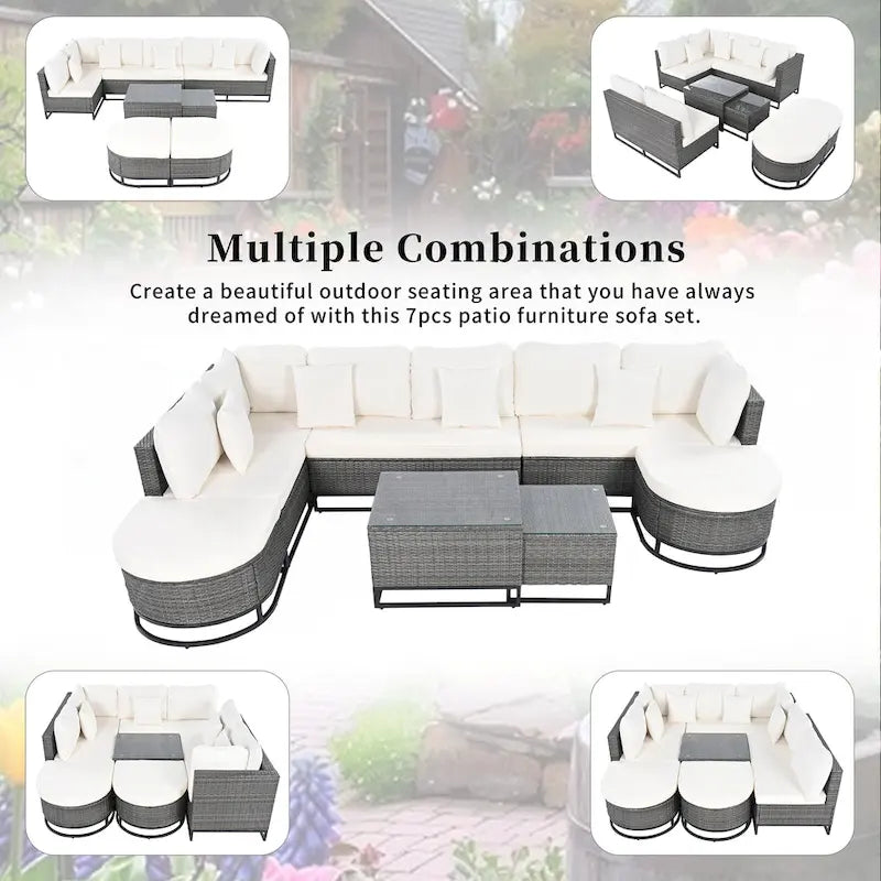 Ensemble de canapé d'extérieur en osier de grande taille, 7 pièces