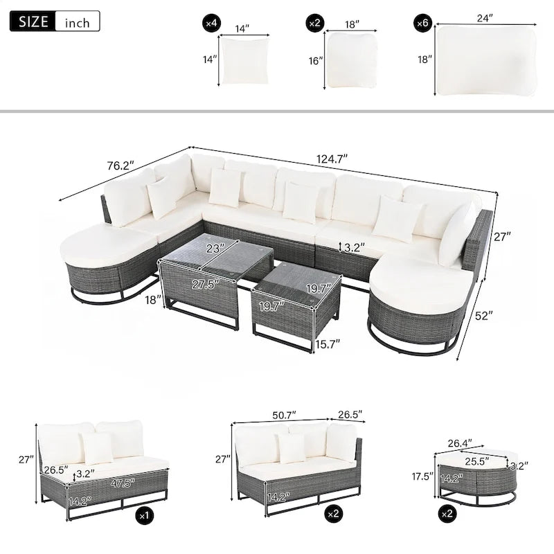 Ensemble de canapé d'extérieur en osier de grande taille, 7 pièces