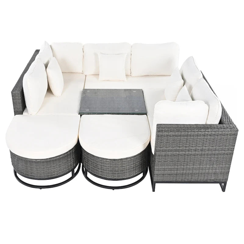 Ensemble de canapé d'extérieur en osier de grande taille, 7 pièces