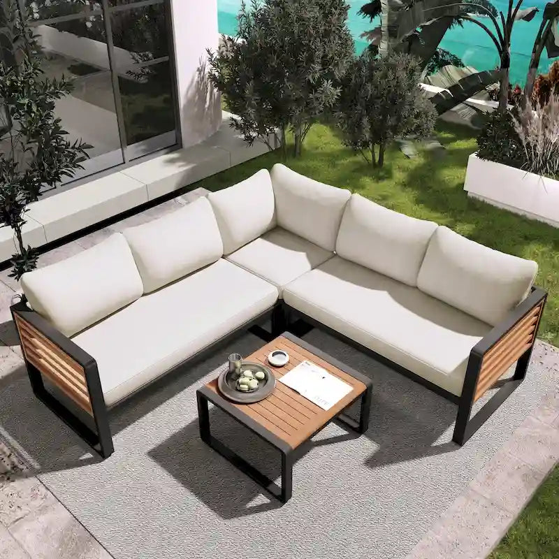 Ensemble de canapé d'angle en fer 4 pièces avec coussins et table