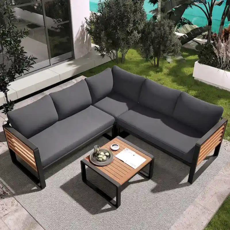 Ensemble de canapé d'angle en fer 4 pièces avec coussins et table