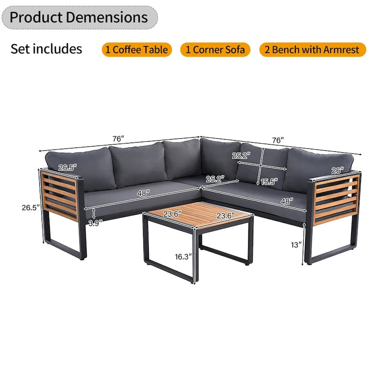 Ensemble de canapé d'angle en fer 4 pièces avec coussins et table