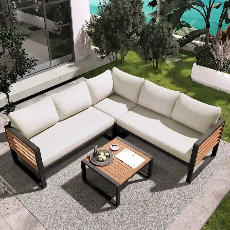 Ensemble de canapé d'angle en fer 4 pièces avec coussins et table