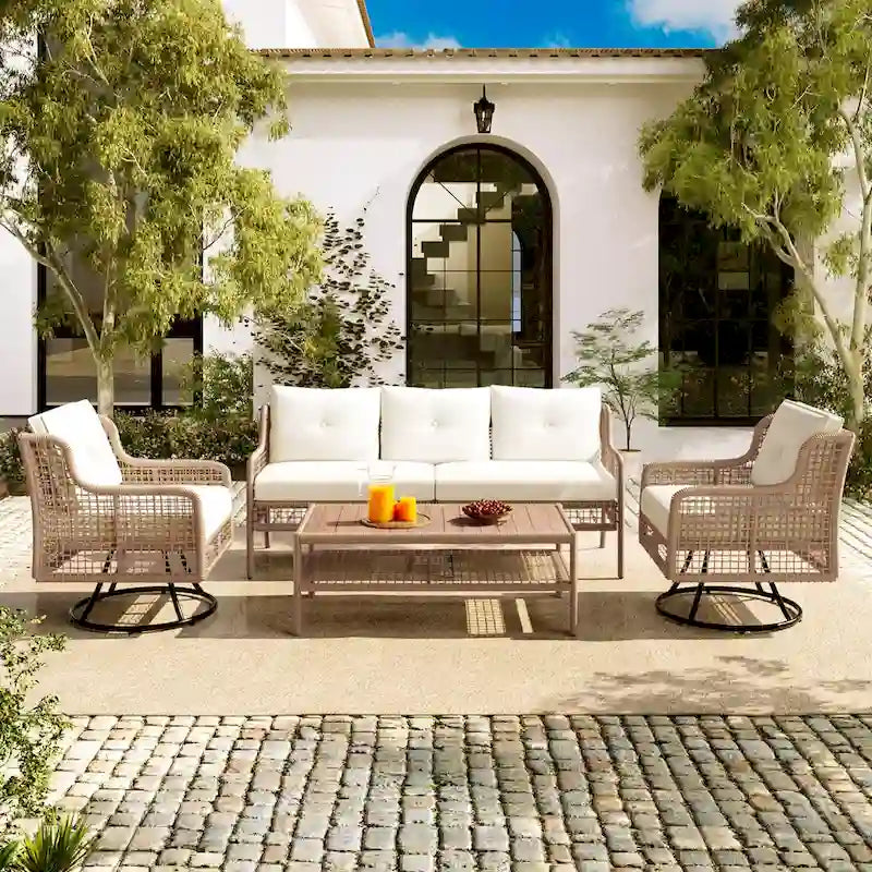 4-Piece Rattan Conversation Sofa Set with Swivel Chairs & Table
