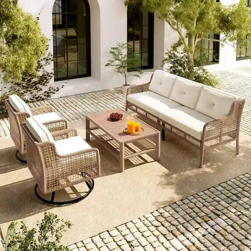 Ensemble de canapé de conversation en rotin 4 pièces avec fauteuils pivotants et table