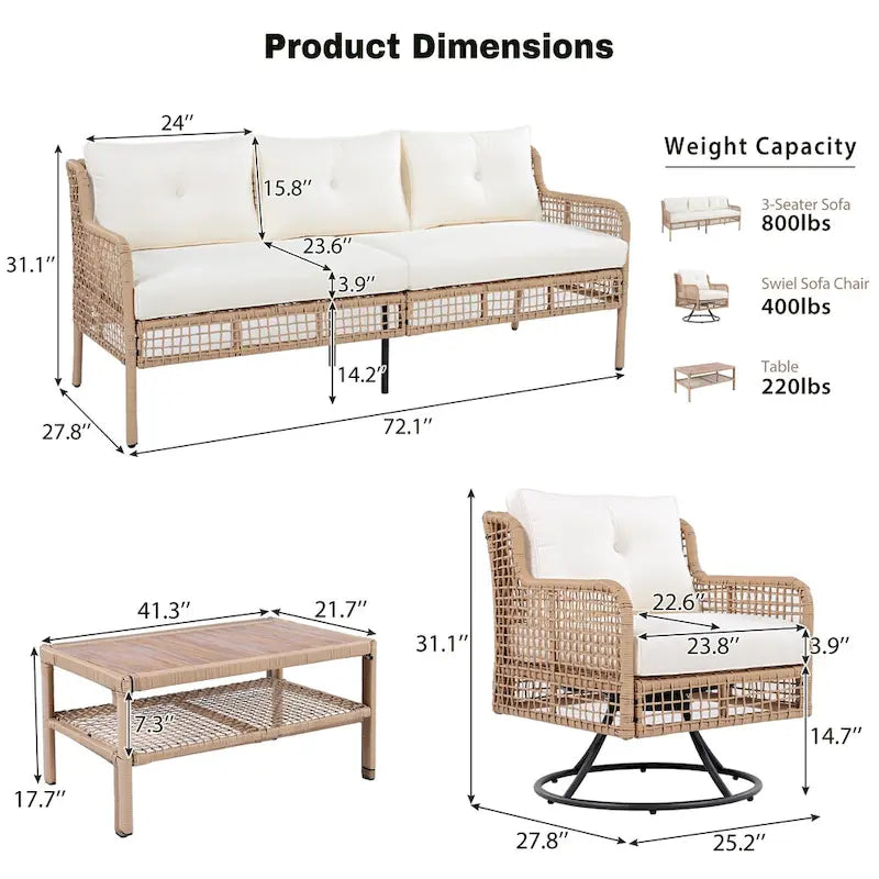 Ensemble de canapé de conversation en rotin 4 pièces avec fauteuils pivotants et table