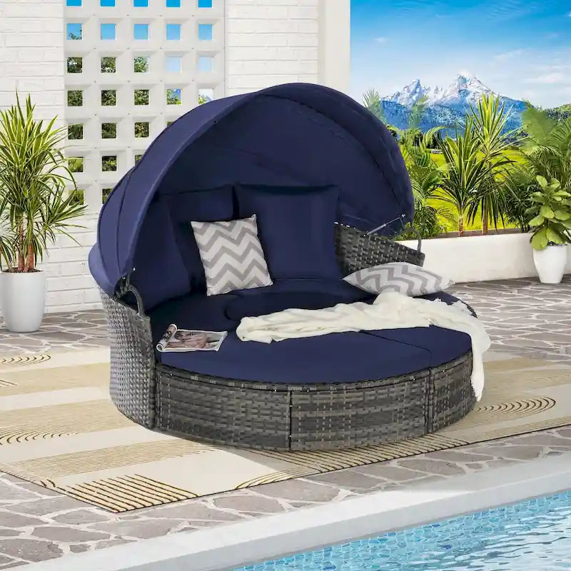 Bain de soleil rond 5 pièces avec auvent et coussins amovibles
