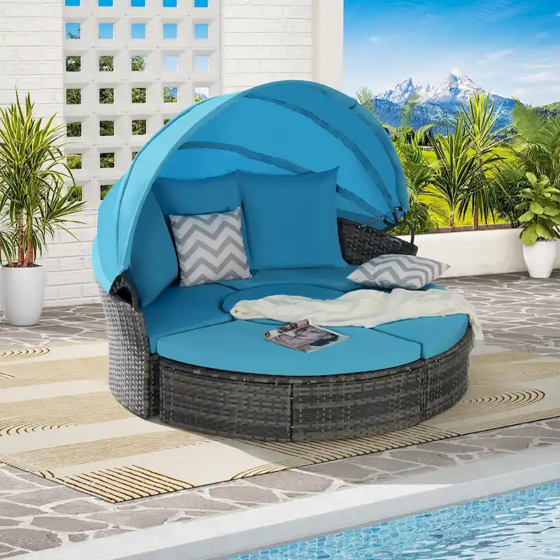 Bain de soleil rond 5 pièces avec auvent et coussins amovibles