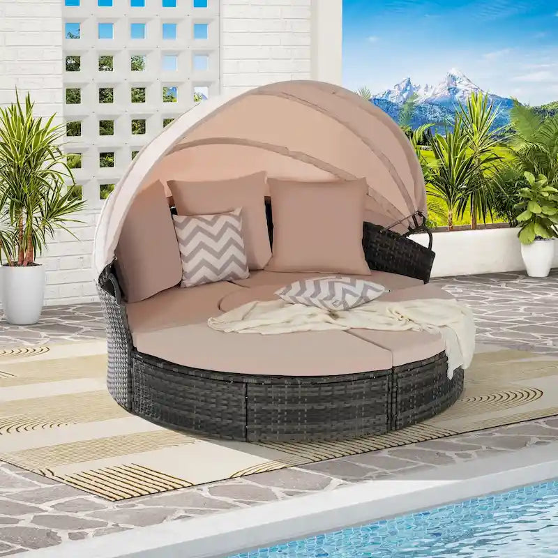 Bain de soleil rond 5 pièces avec auvent et coussins amovibles