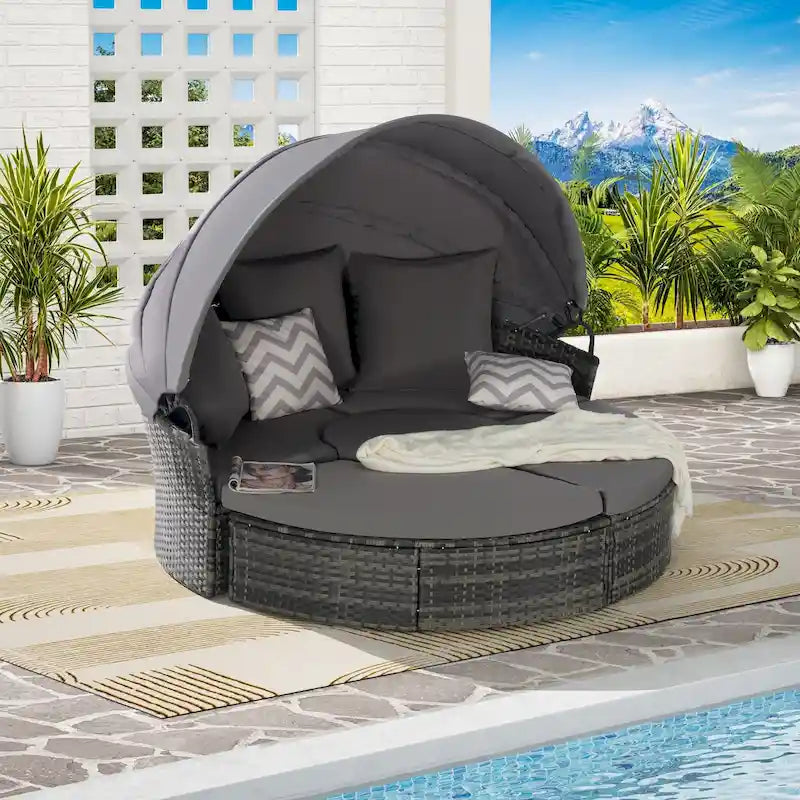 Bain de soleil rond 5 pièces avec auvent et coussins amovibles