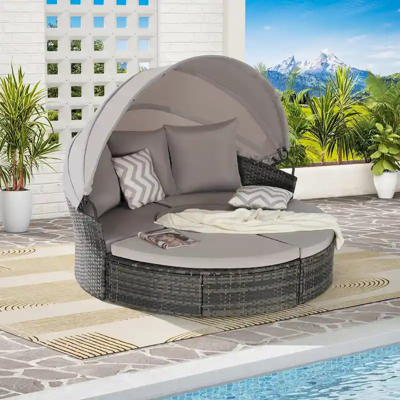 Bain de soleil rond 5 pièces avec auvent et coussins amovibles