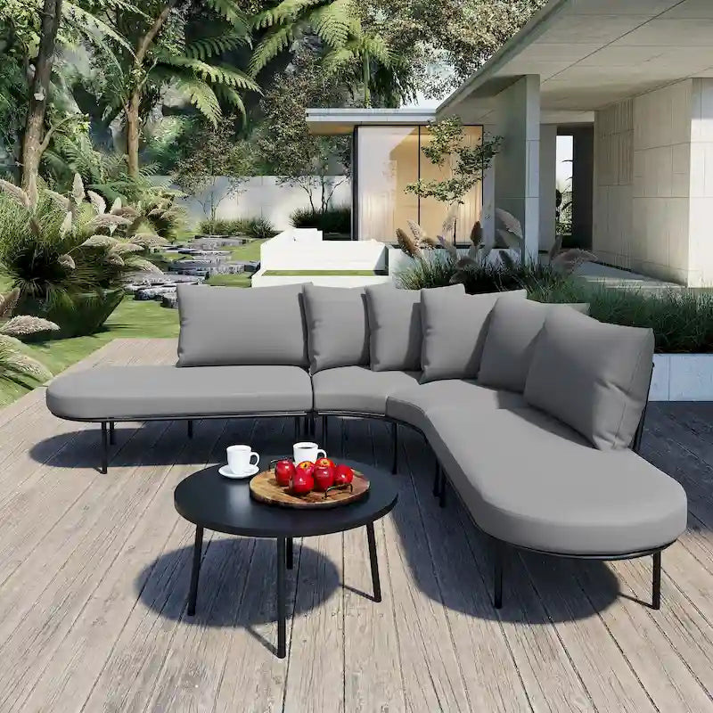 Ensemble canapé d'angle incurvé en fer avec table et coussins