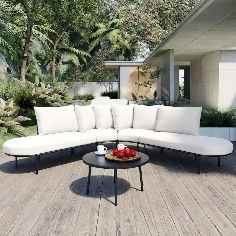 Ensemble canapé d'angle incurvé en fer avec table et coussins