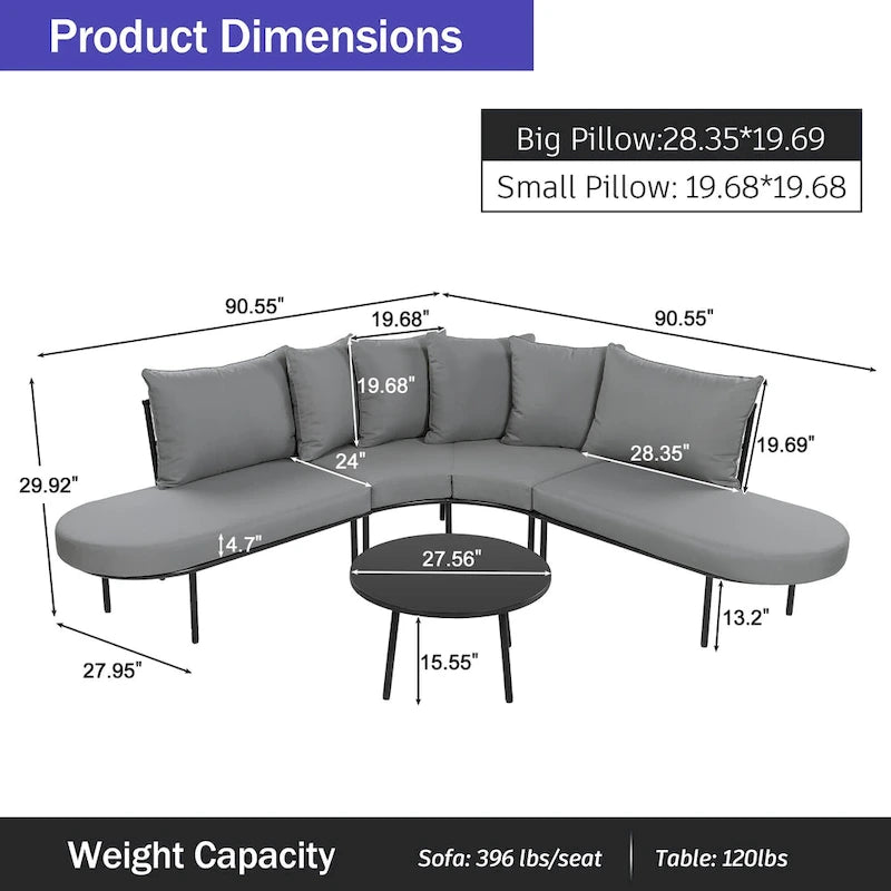 Ensemble canapé d'angle incurvé en fer avec table et coussins