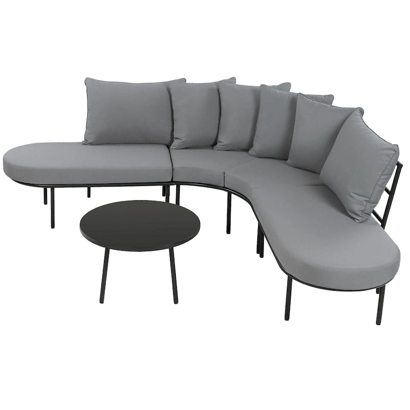 Ensemble canapé d'angle incurvé en fer avec table et coussins