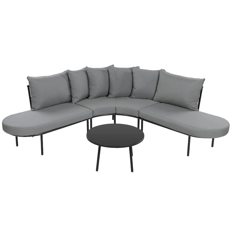 Ensemble canapé d'angle incurvé en fer avec table et coussins