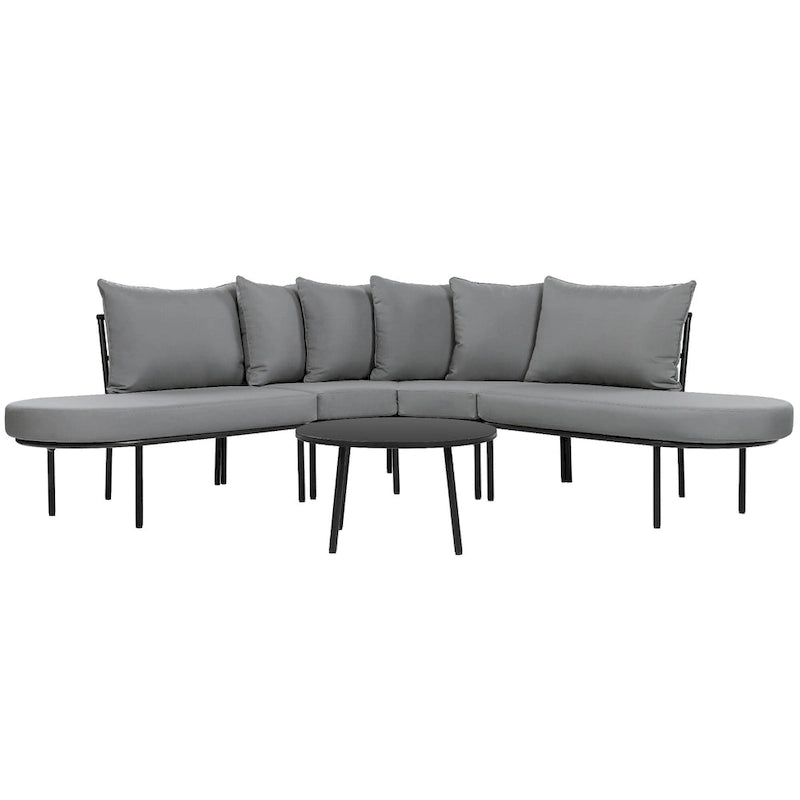 Ensemble canapé d'angle incurvé en fer avec table et coussins