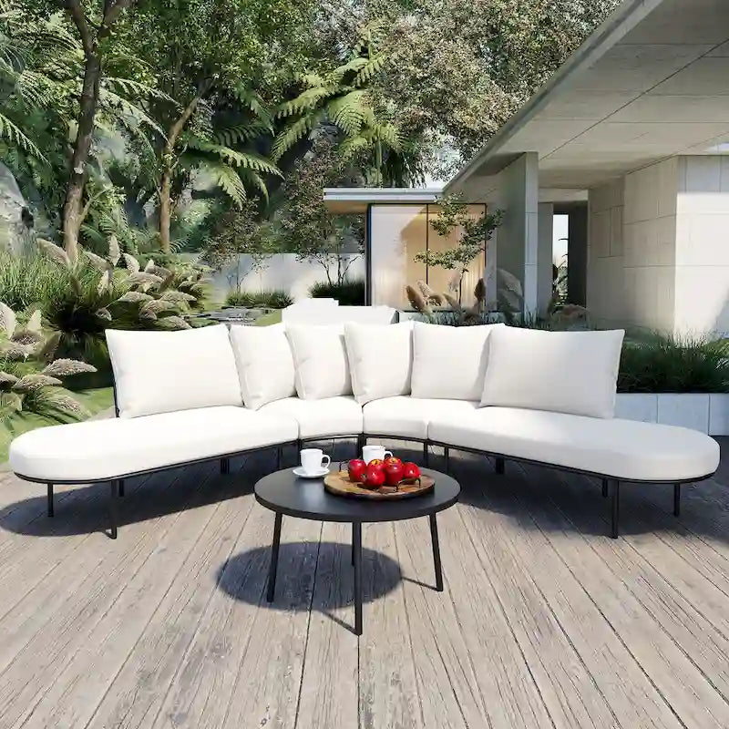 Ensemble canapé d'angle incurvé en fer avec table et coussins