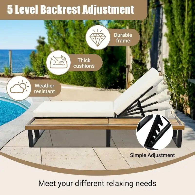 Chaise longue d'extérieur avec dossier et coussin réglables sur 5 positions