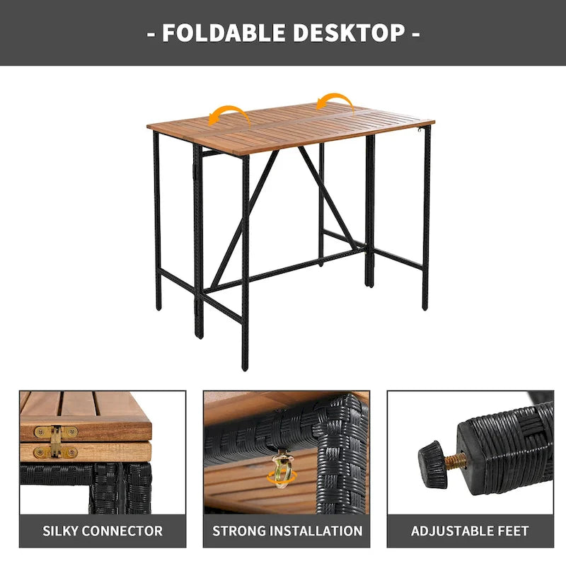 Ensemble de salle à manger d'extérieur pliable 5 pièces avec 4 tabourets rembourrés et table pliante en bois d'acacia