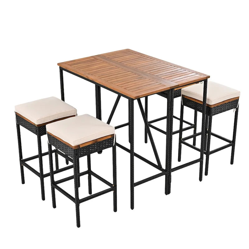 Ensemble de salle à manger d'extérieur pliable 5 pièces avec 4 tabourets rembourrés et table pliante en bois d'acacia