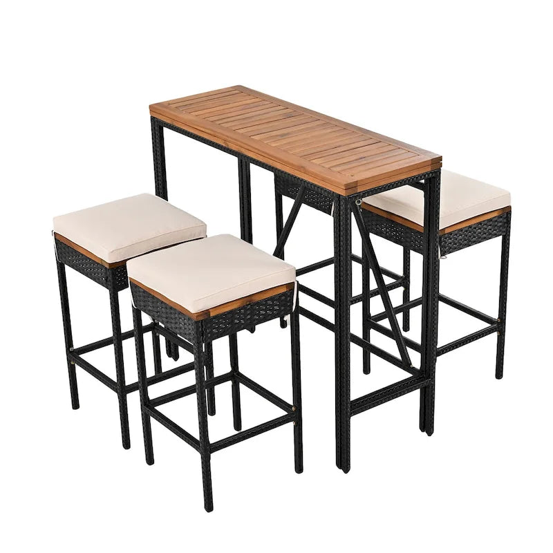 Ensemble de salle à manger d'extérieur pliable 5 pièces avec 4 tabourets rembourrés et table pliante en bois d'acacia