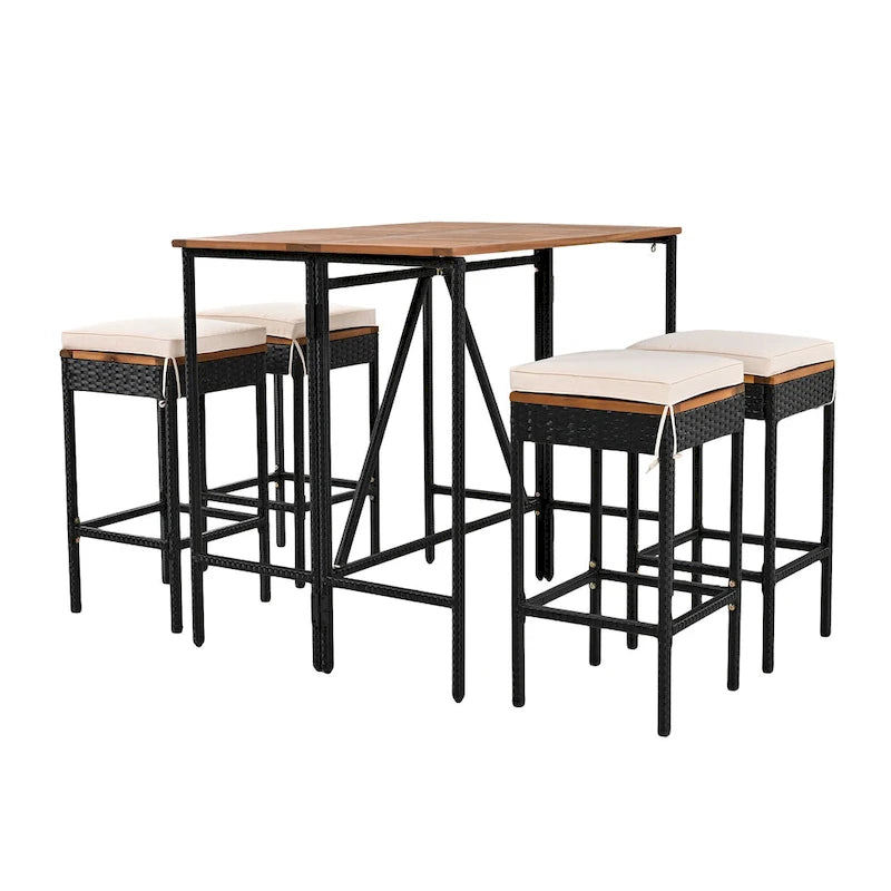 Ensemble de salle à manger d'extérieur pliable 5 pièces avec 4 tabourets rembourrés et table pliante en bois d'acacia