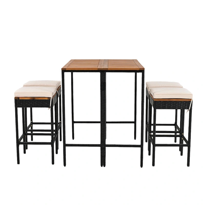 Ensemble de salle à manger d'extérieur pliable 5 pièces avec 4 tabourets rembourrés et table pliante en bois d'acacia