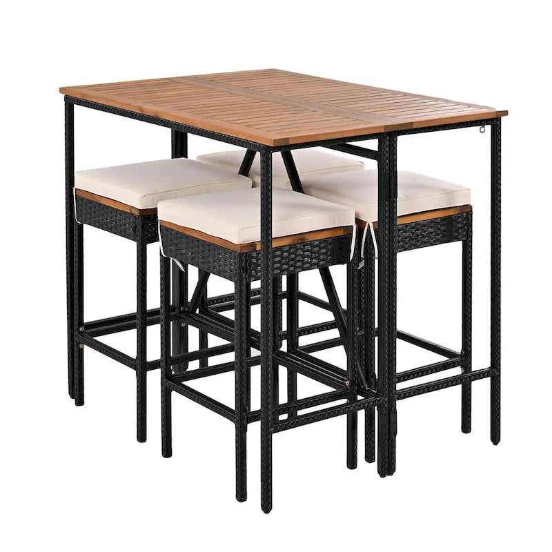 Ensemble de salle à manger d'extérieur pliable 5 pièces avec 4 tabourets rembourrés et table pliante en bois d'acacia