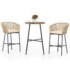Ensemble de bar de patio Costway 3 pièces en corde tressée avec coussins moelleux et acacia - Voir les détails