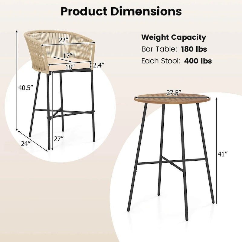Ensemble de bar de patio Costway 3 pièces en corde tressée avec coussins moelleux et acacia - Voir les détails