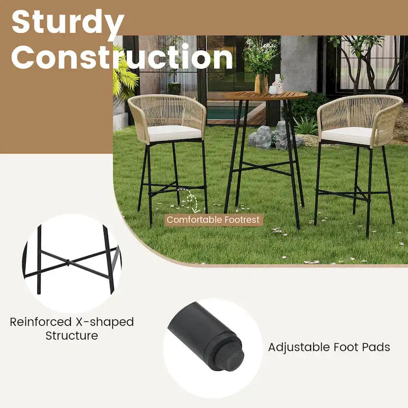 Ensemble de bar de patio Costway 3 pièces en corde tressée avec coussins moelleux et acacia - Voir les détails