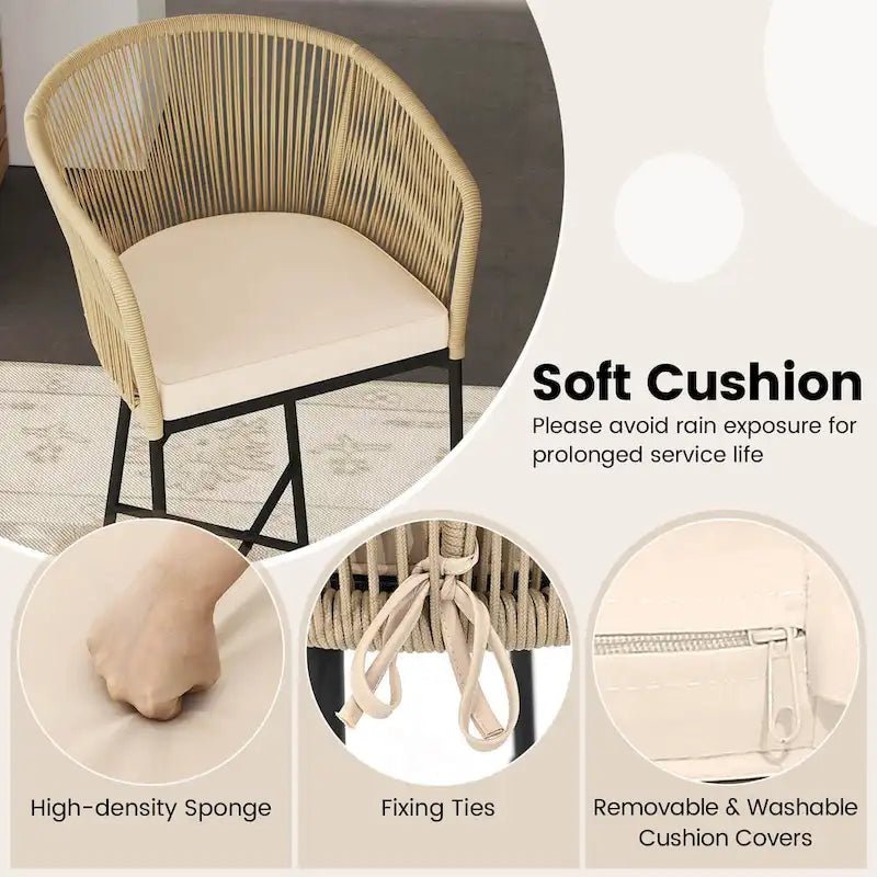 Ensemble de bar de patio Costway 3 pièces en corde tressée avec coussins moelleux et acacia - Voir les détails