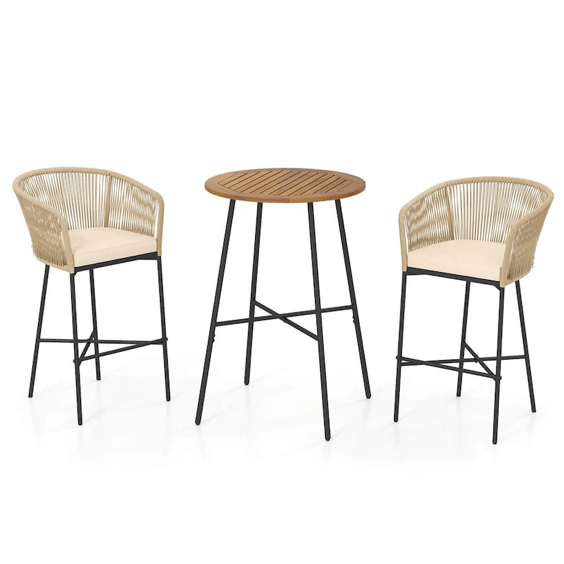 Ensemble de bar de patio Costway 3 pièces en corde tressée avec coussins moelleux et acacia - Voir les détails