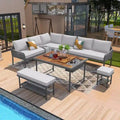 Ensemble de mobilier de jardin en corde 6 pièces, canapé d'angle d'extérieur en forme de L, table en bois avec glacière intégrée, fauteuil et banc en corde