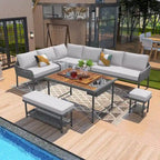 Ensemble de mobilier de jardin en corde 6 pièces, canapé d'angle d'extérieur en forme de L, table en bois avec glacière intégrée, fauteuil et banc en corde