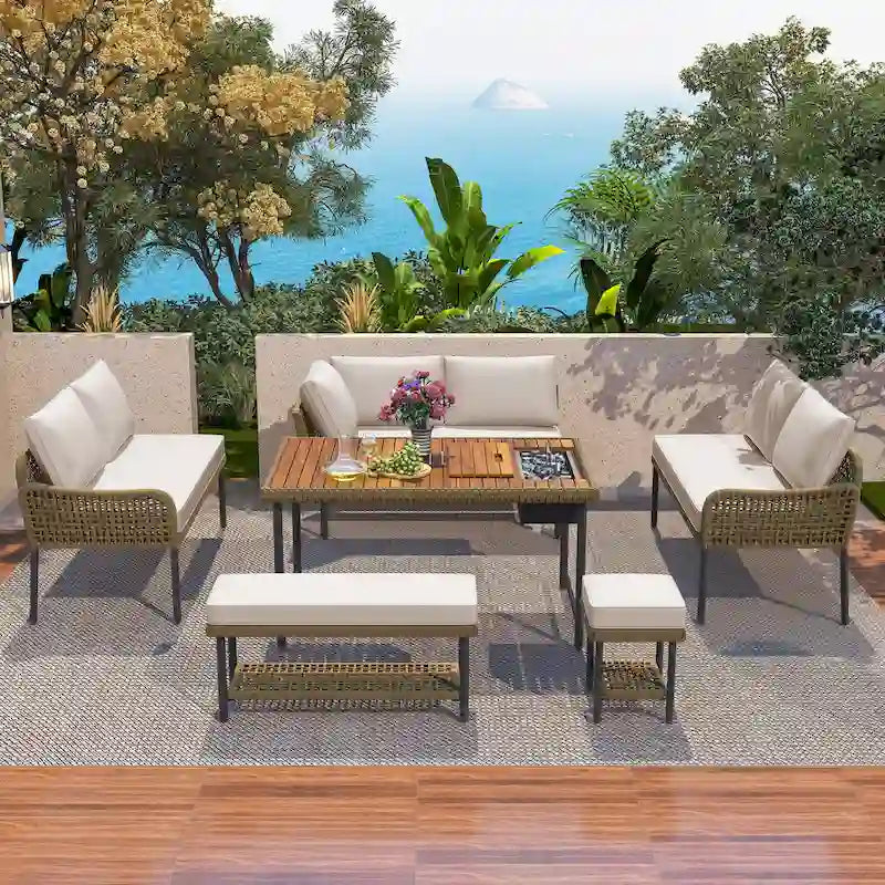 Ensemble de mobilier de jardin en corde 6 pièces, canapé d'angle d'extérieur en forme de L, table en bois avec glacière intégrée, fauteuil et banc en corde