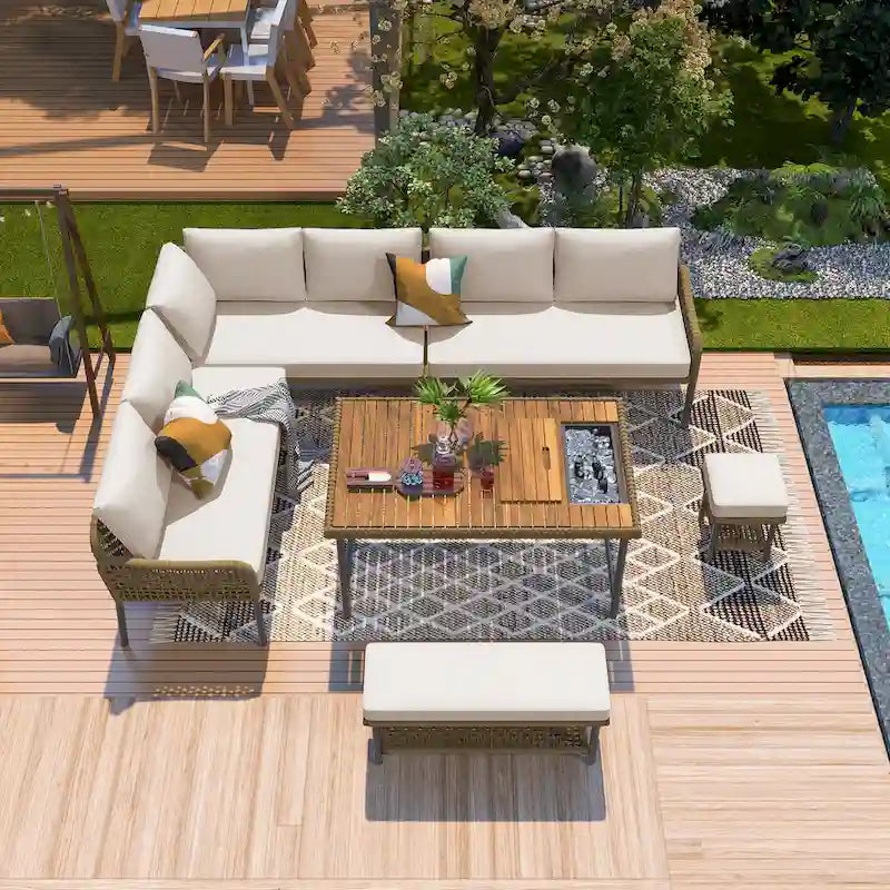 Ensemble de mobilier de jardin en corde 6 pièces, canapé d'angle d'extérieur en forme de L, table en bois avec glacière intégrée, fauteuil et banc en corde