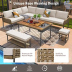 Ensemble de mobilier de jardin en corde 6 pièces, canapé d'angle d'extérieur en forme de L, table en bois avec glacière intégrée, fauteuil et banc en corde