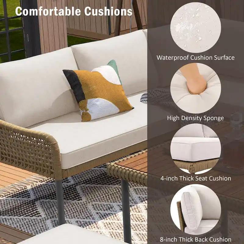 Ensemble de mobilier de jardin en corde 6 pièces, canapé d'angle d'extérieur en forme de L, table en bois avec glacière intégrée, fauteuil et banc en corde